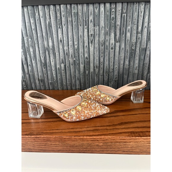 Shoes - Champagne Rhinestone Embellished Pointed Toe Mules Clear Block Heel Size 37